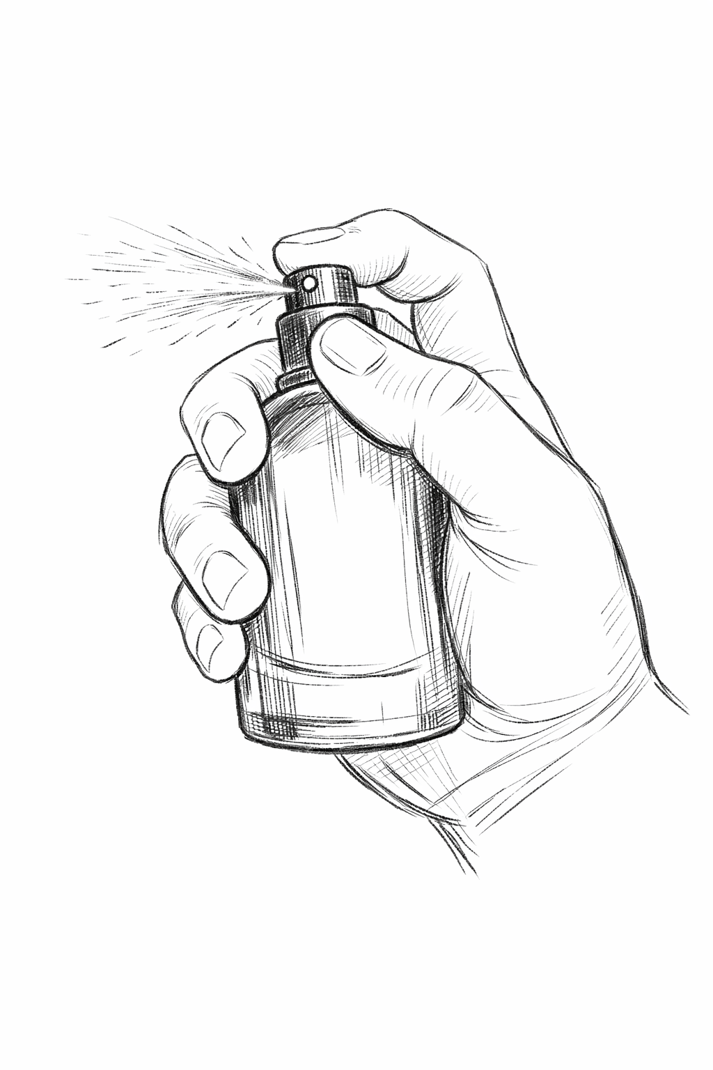 My finger pressing down on the spray nozzle as the perfume is released as a fine mist